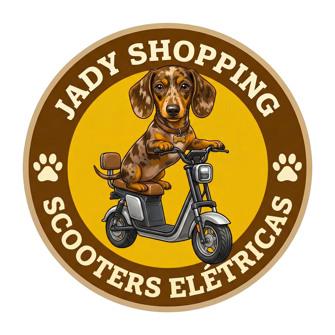 Mascote cachorro salsicha na scooter, logomarca oficial da Jady Shopping
